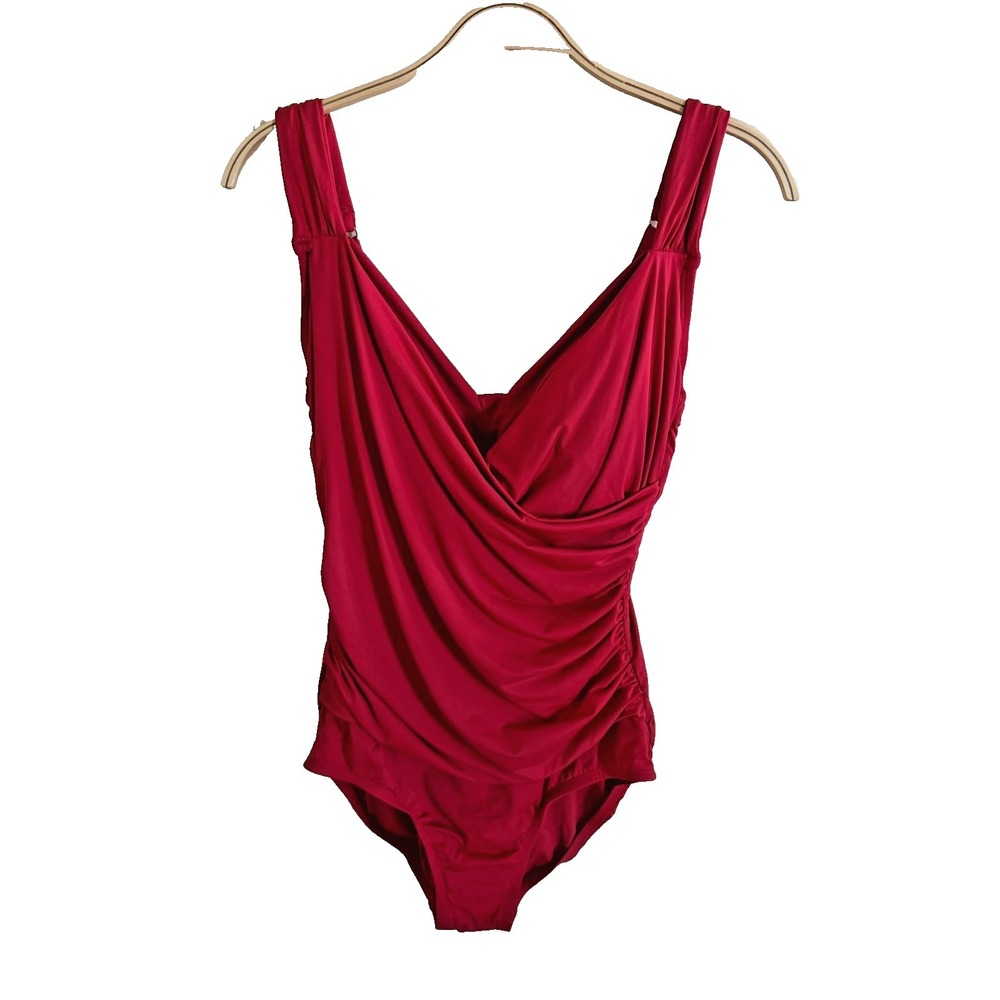 Jantzen Red Ruched Faux Wrap One Piece Swimsuit V Neck Low Back Size 12 Padded